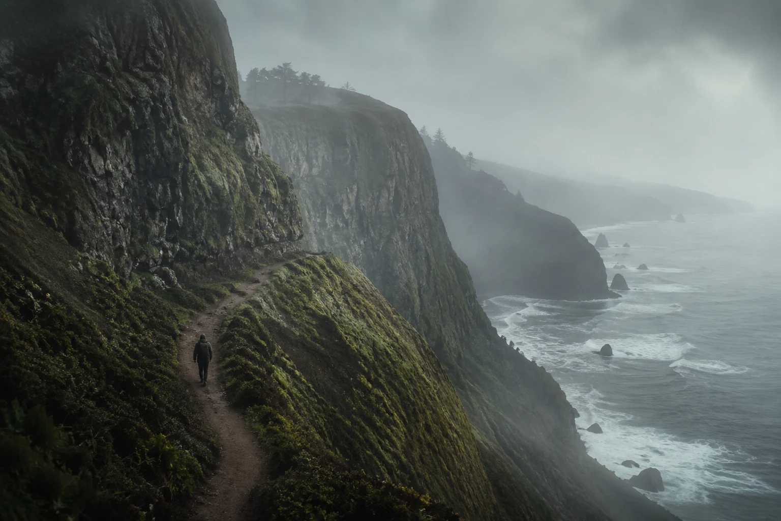 Generated film-concept frame of a lone hiker following a trail along foggy coastal cliffs.