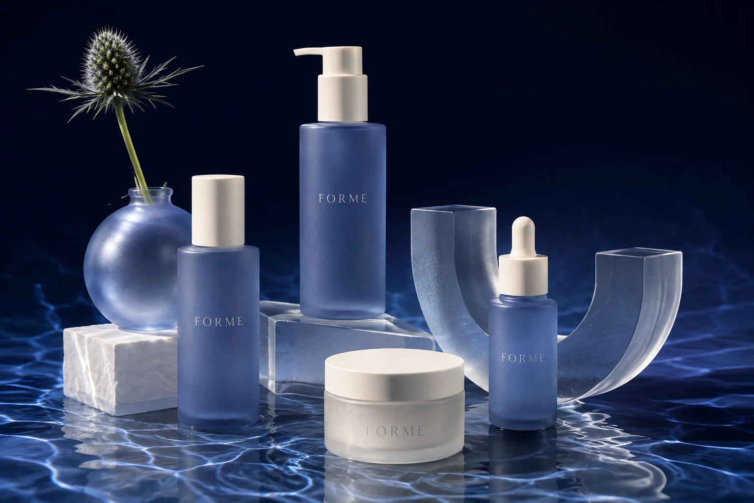 Fictional FORME skincare packaging in soft cobalt blue and ivory with frosted glass and water reflections.