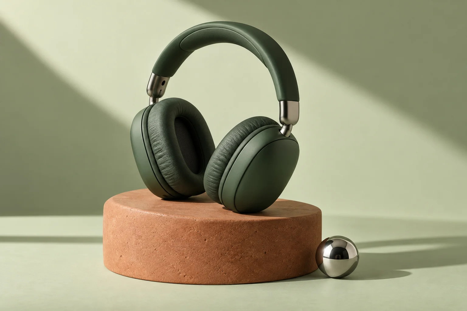 Concept product photograph of sculptural headphones on a minimal studio set.