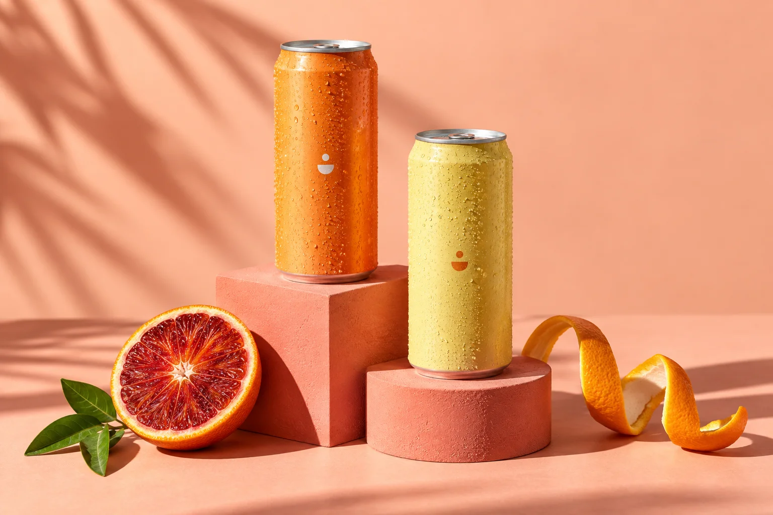 Fictional SOLA citrus drink cans with blood orange and sculptural coral blocks.