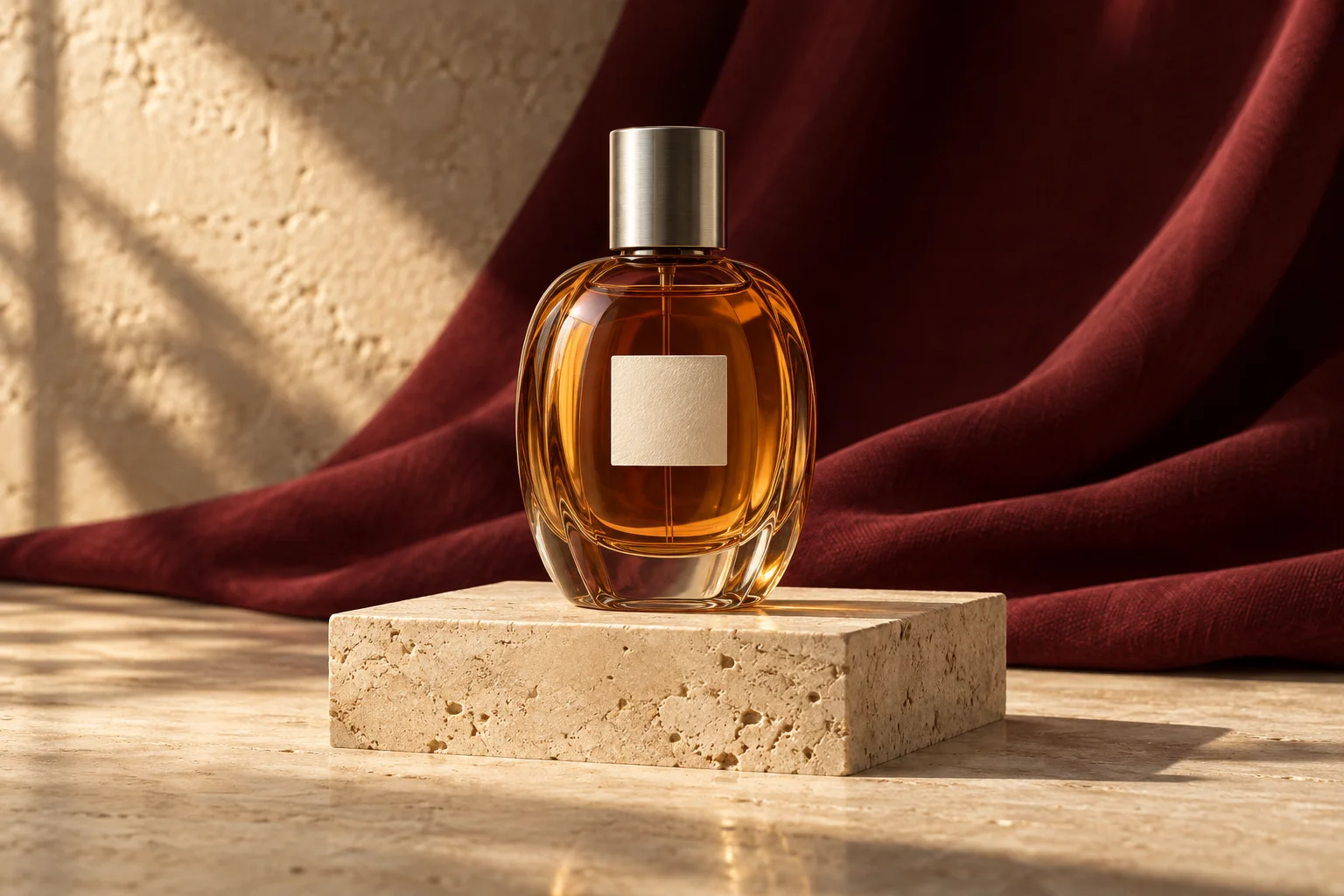 Fictional VELA fragrance study with an amber perfume bottle, burgundy fabric, and travertine.