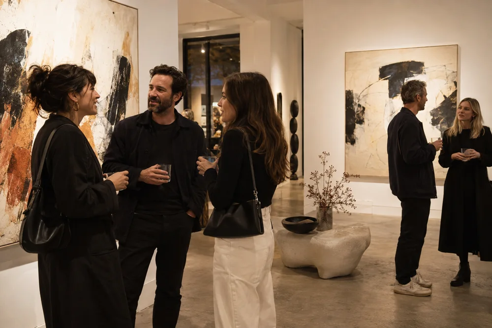 Generated gallery opening photograph with small groups in conversation.