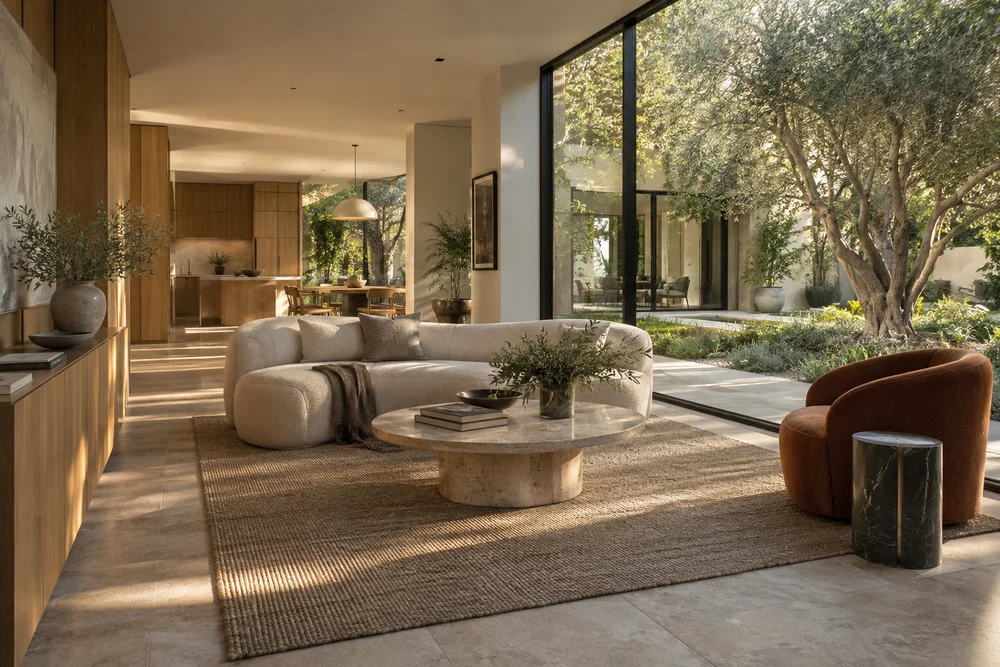 Generated contemporary living room with cream sofa, warm wood, and a courtyard view.