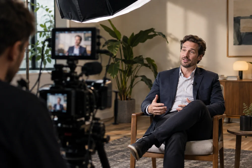 Generated production scene with camera, softbox, and fictional interview subject.