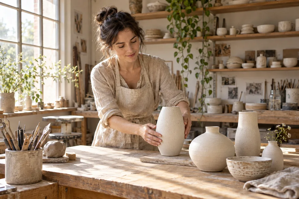 Generated editorial photograph of a ceramic artist arranging handmade vases.