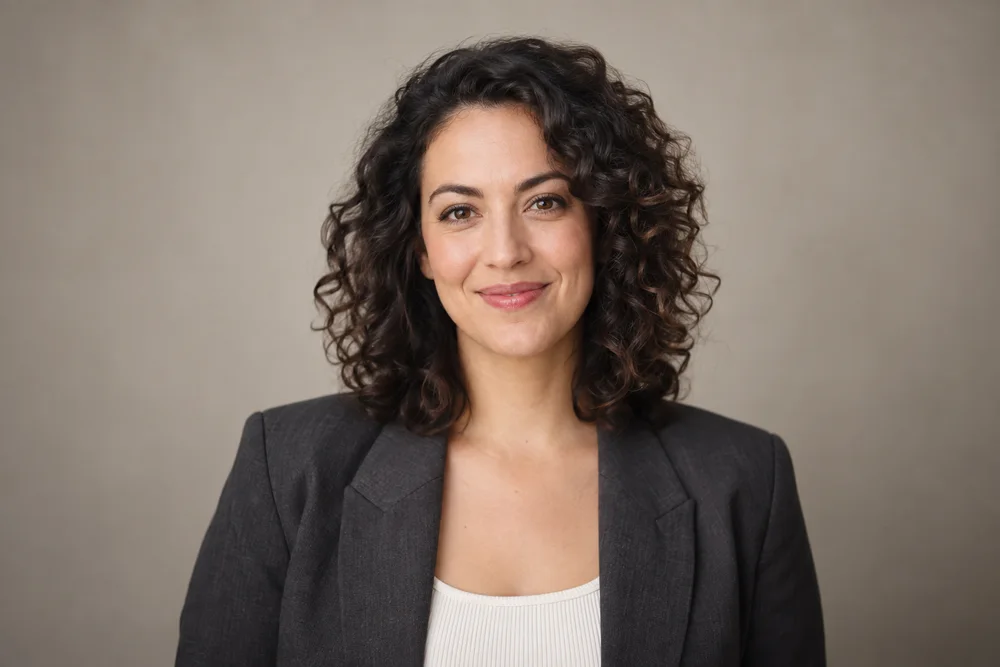 Generated studio headshot of a fictional professional in a charcoal blazer.