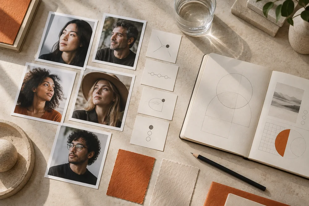 Concept research desk with audience portraits, notes, a sketchbook, and material swatches.